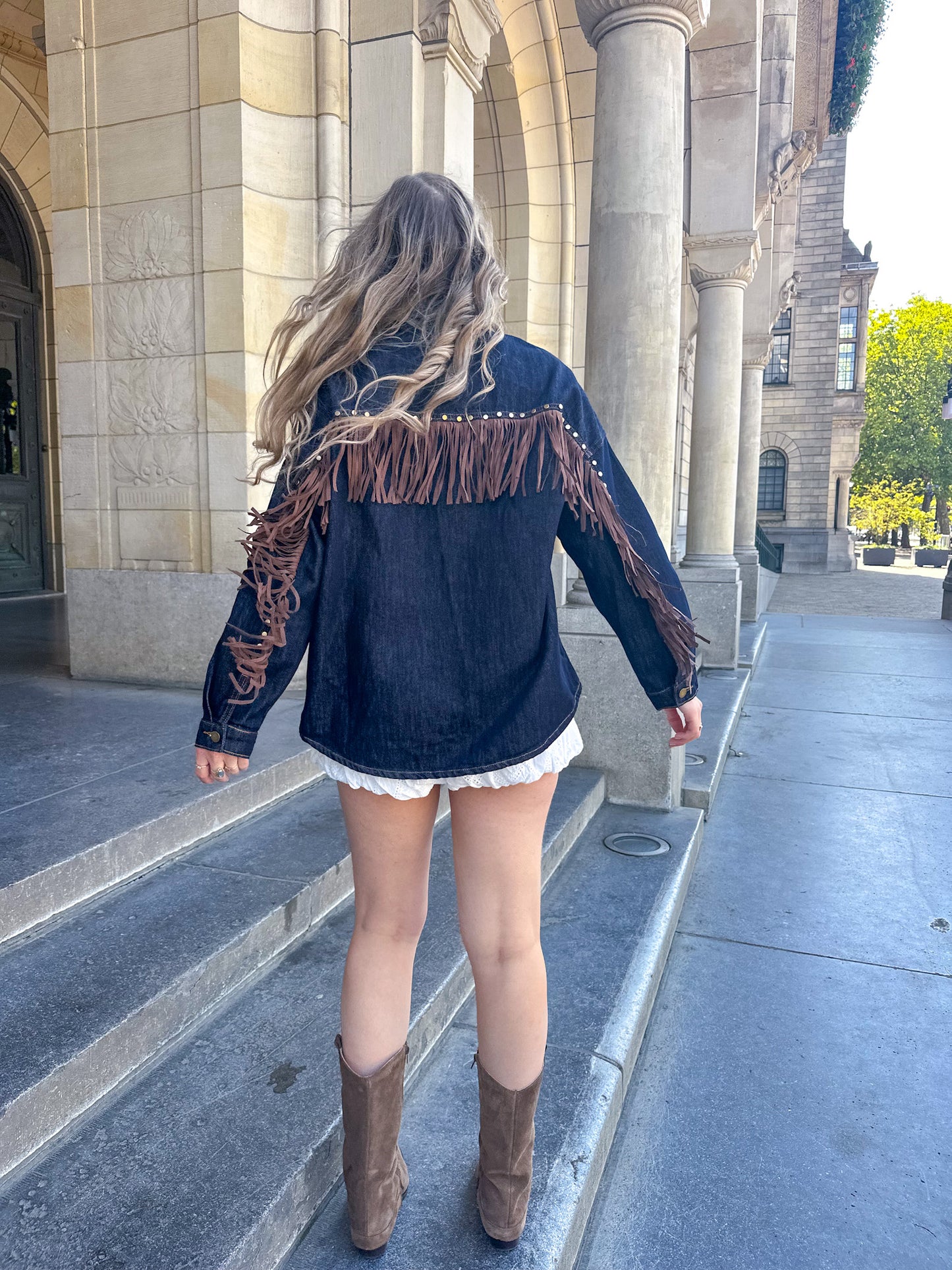 Poppy denim fringe jasje
