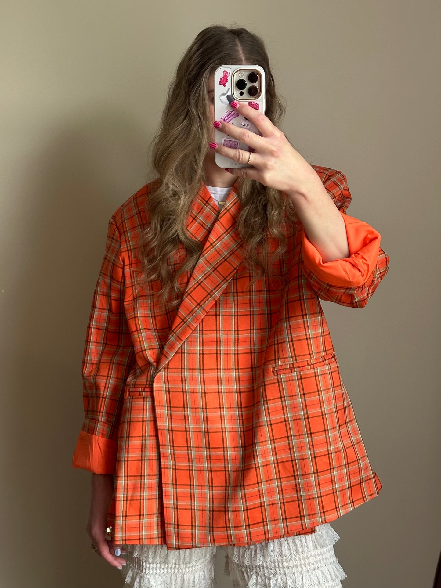 Boxy oversized blazer checkered orange
