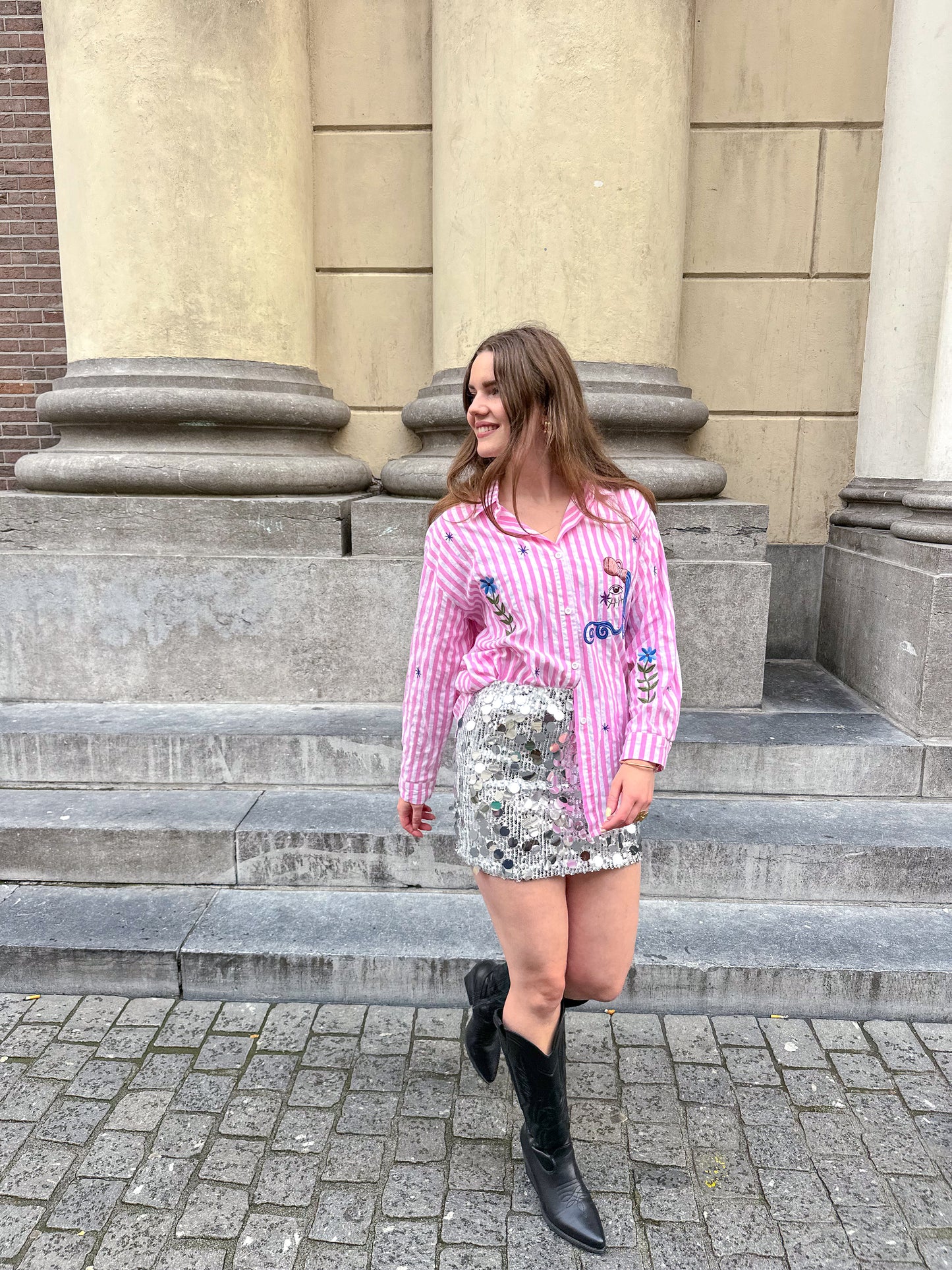 Pink stripe patches blouse