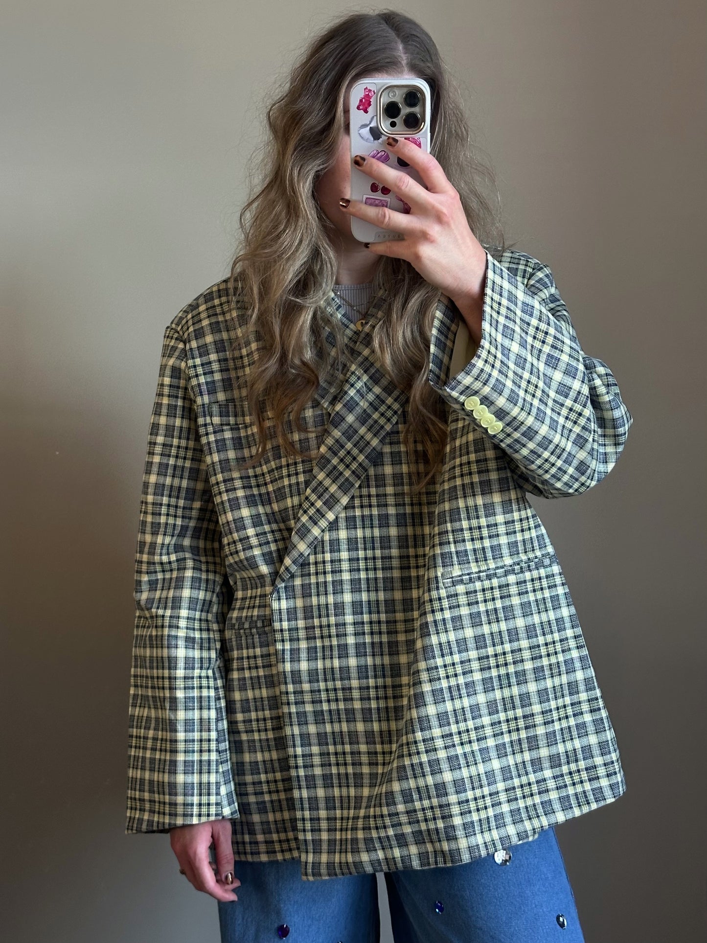 Boxy oversized blazer checkered blue yellow