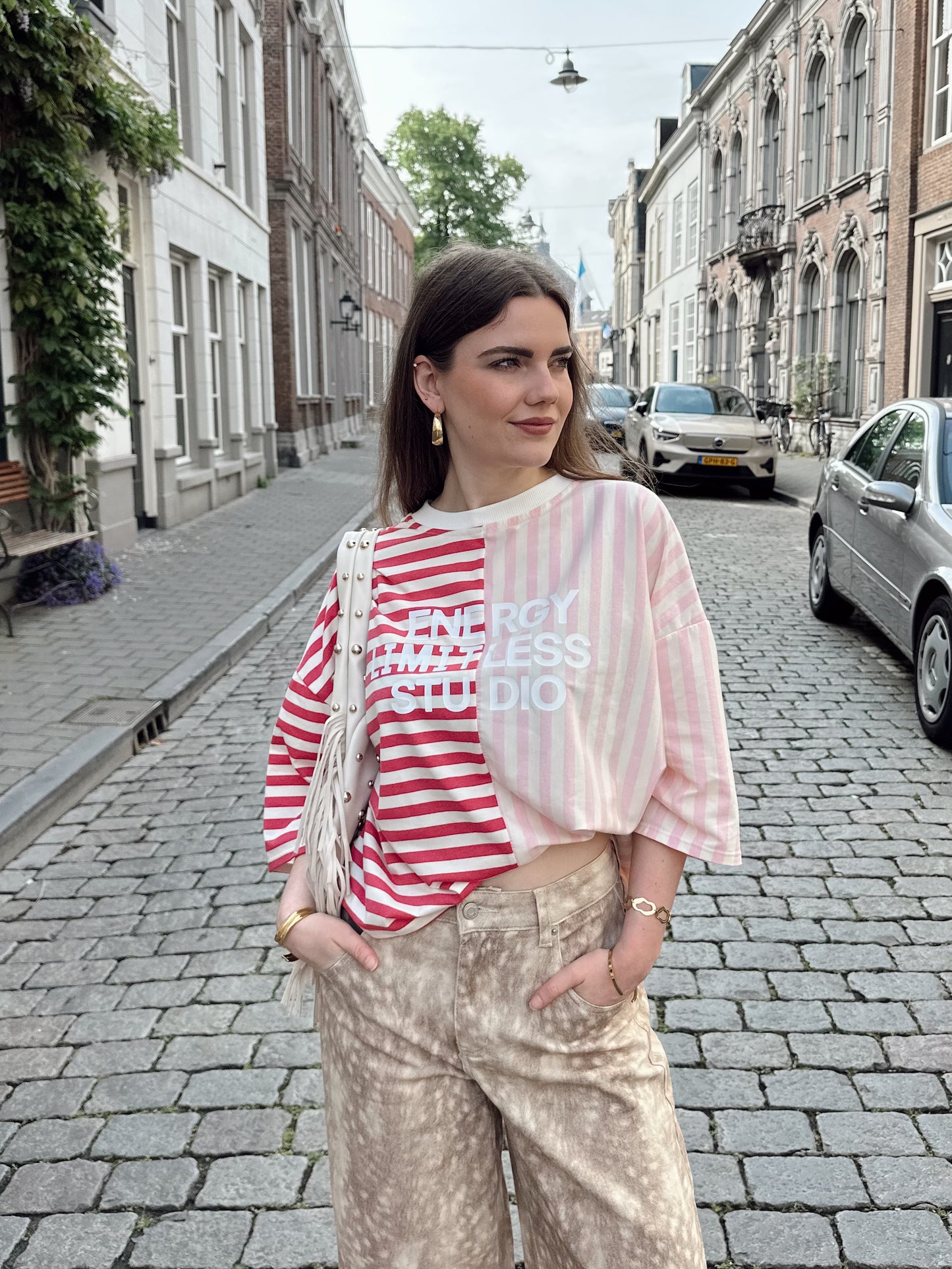 Floor gestreept boxy t-shirt pink