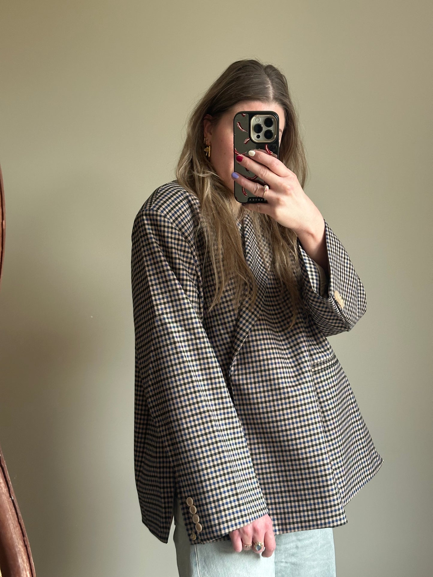 Boxy oversized blazer checkered dark blue