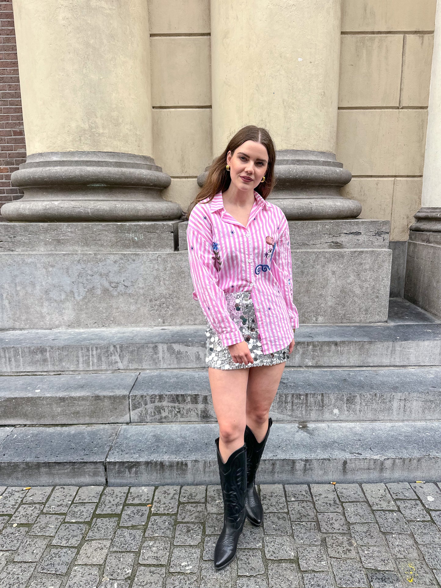 Pink stripe patches blouse