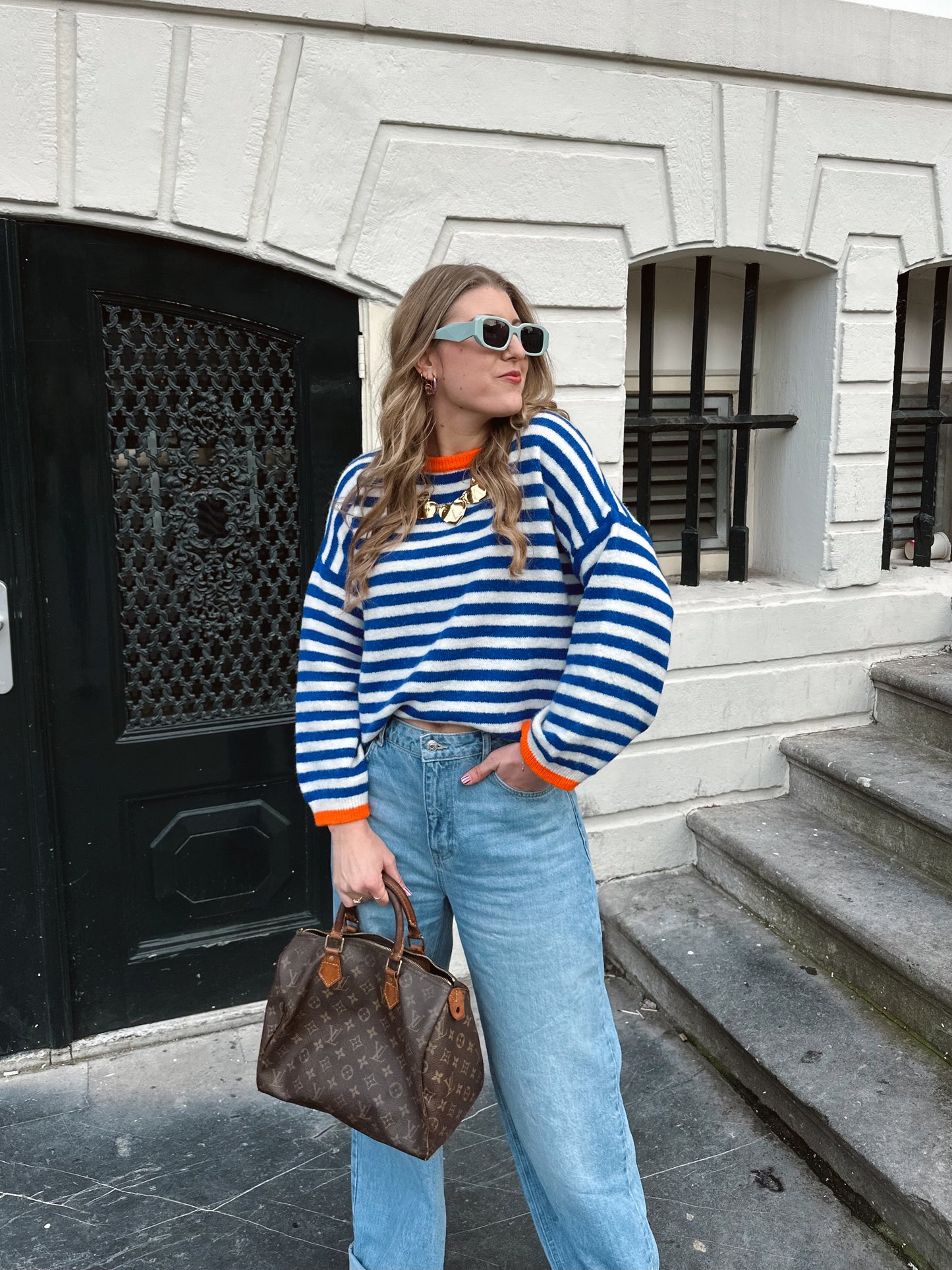 Sage streep trui blauw oranje