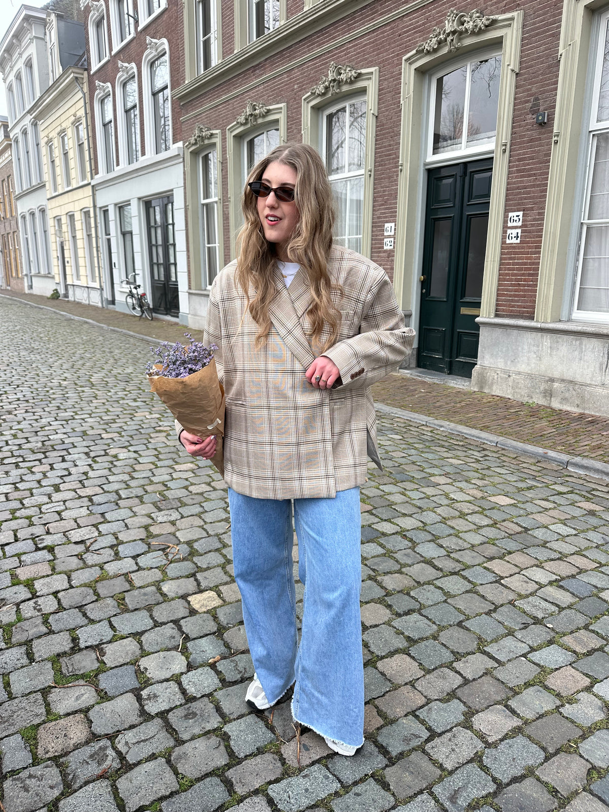 Jasmijn boxy oversized blazer checkered blue beige