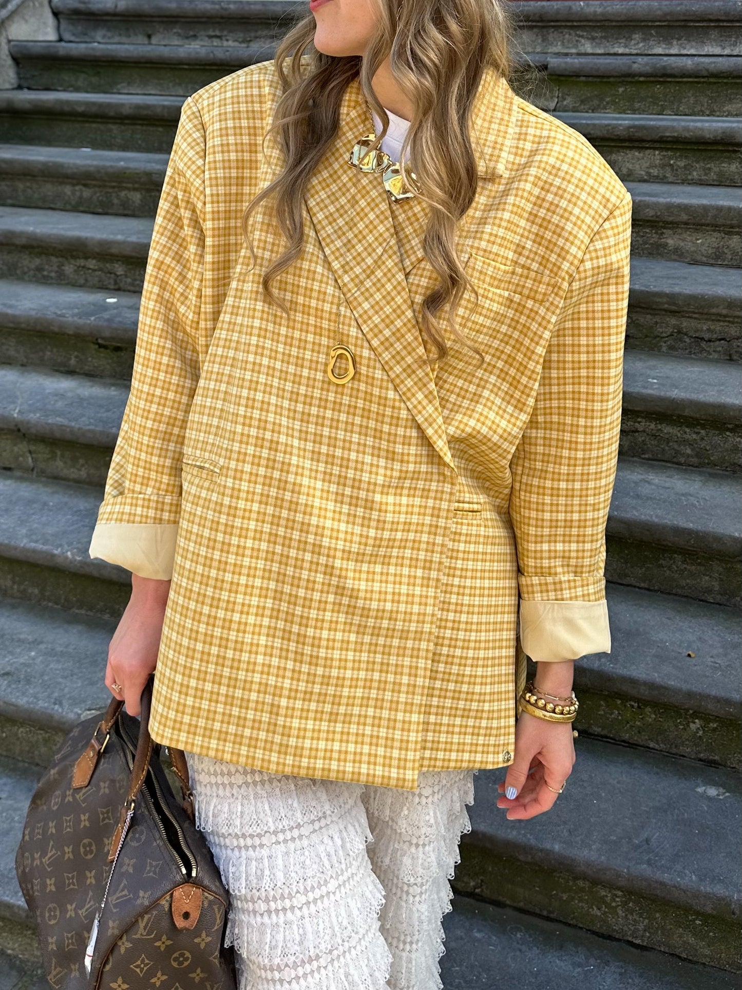 Boxy oversized blazer checkered bright yellow