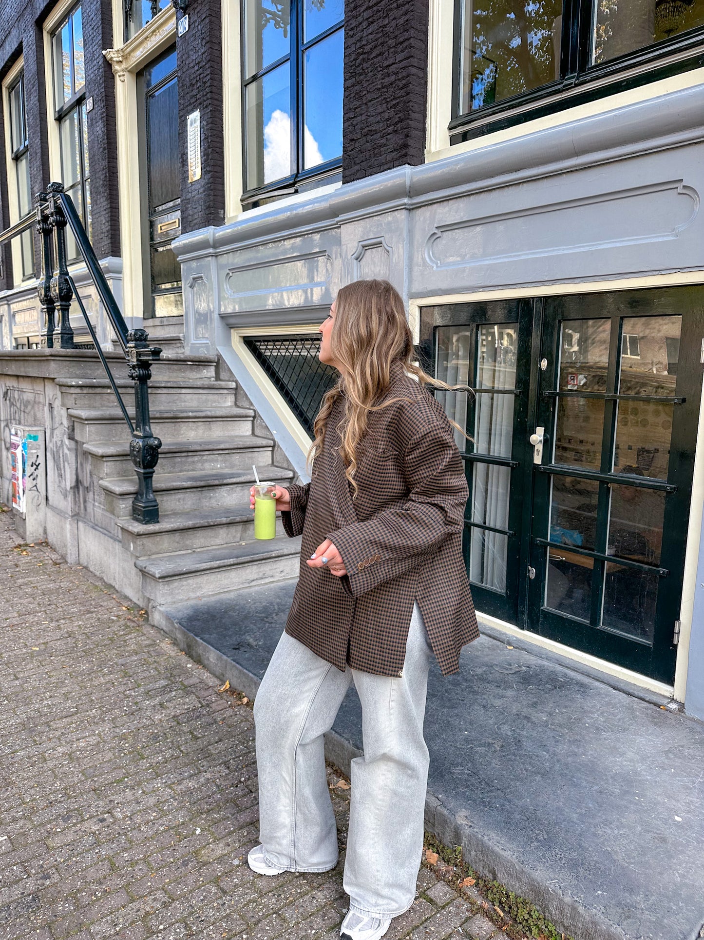 Boxy oversized blazer checkered dark brown