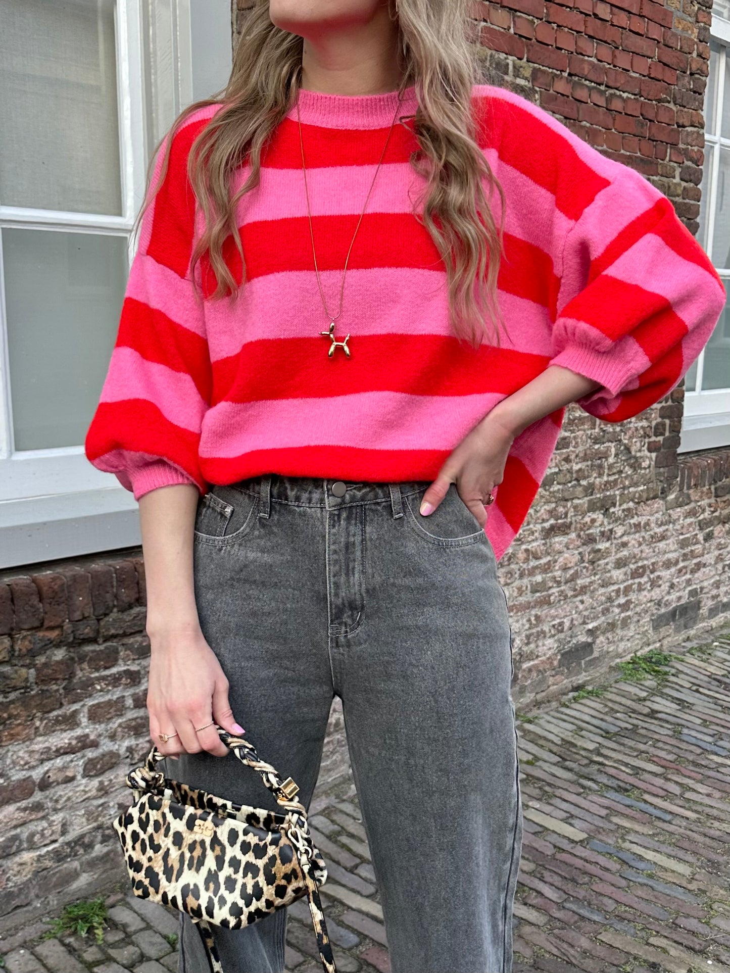 Merel streep trui roze