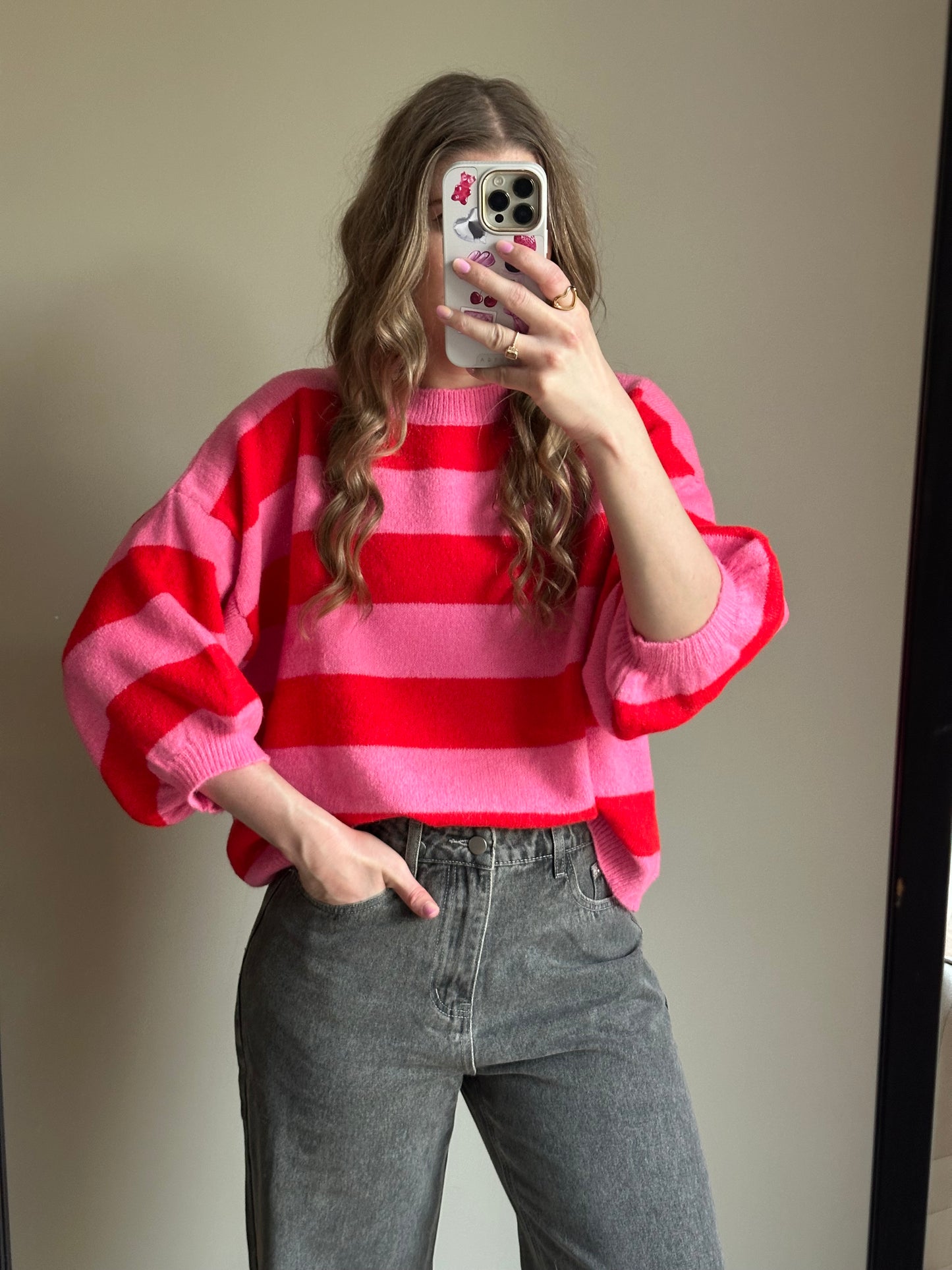 Merel streep trui roze