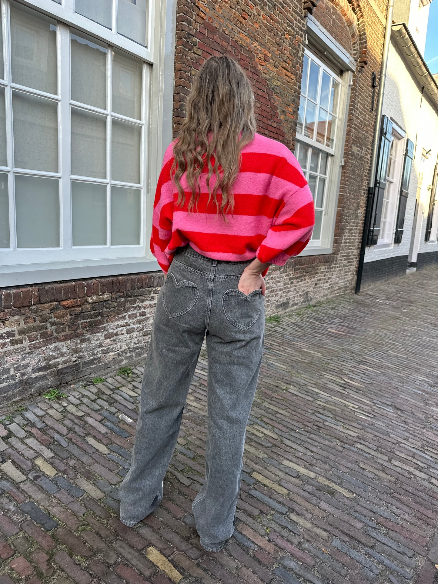 Amour straight leg jeans met hearts grijs