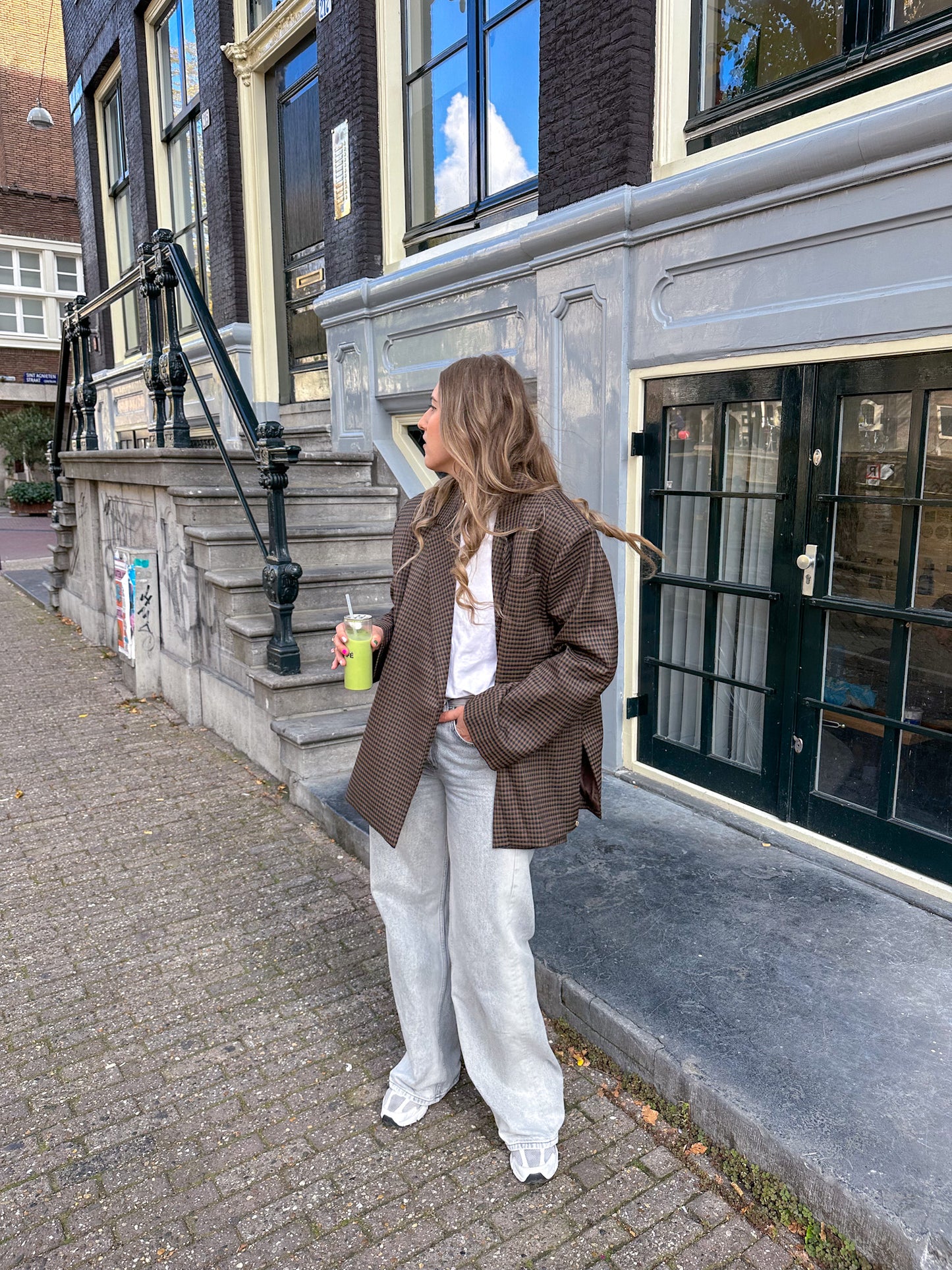 Boxy oversized blazer checkered dark brown