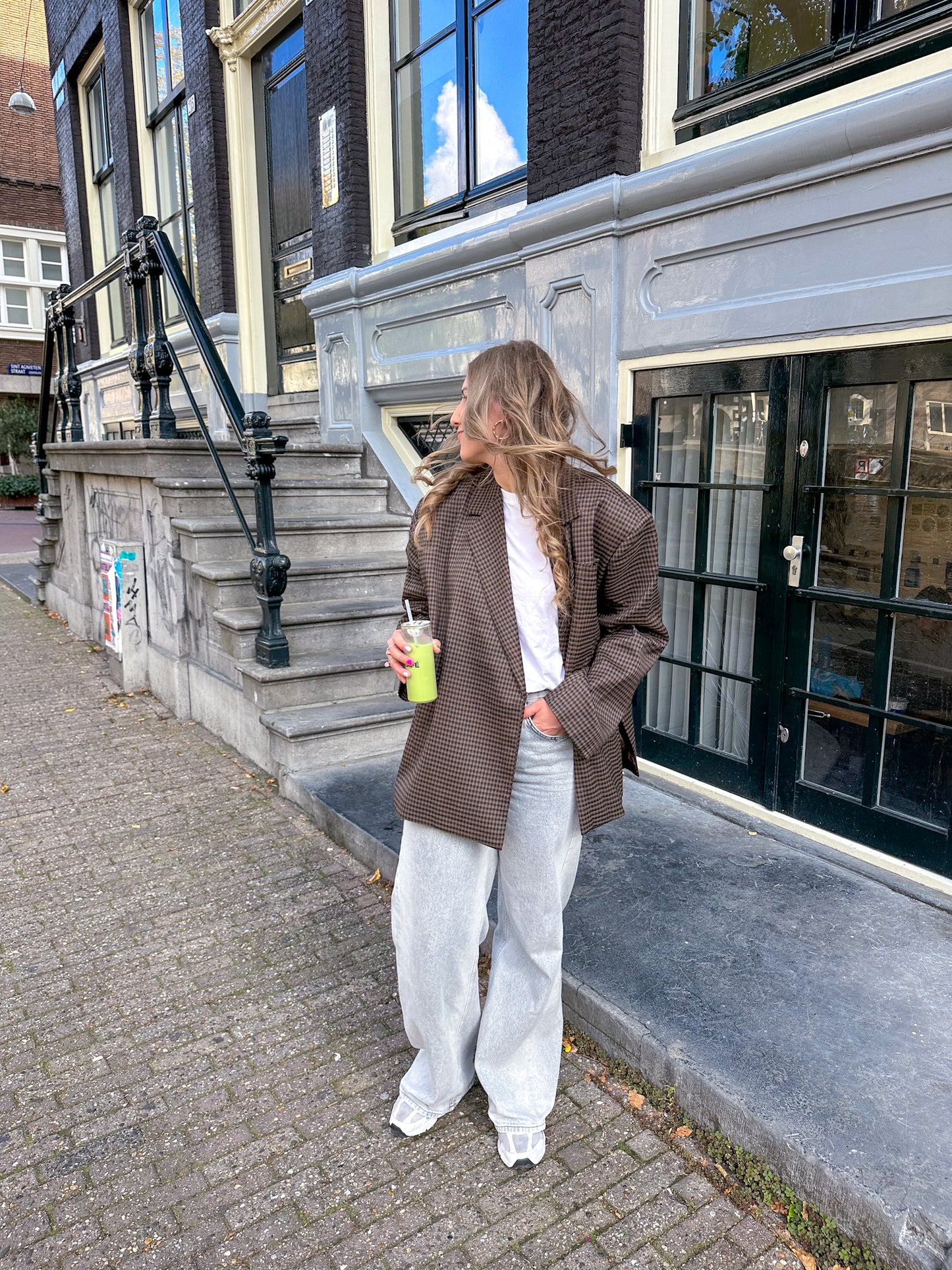 Boxy oversized blazer checkered dark brown