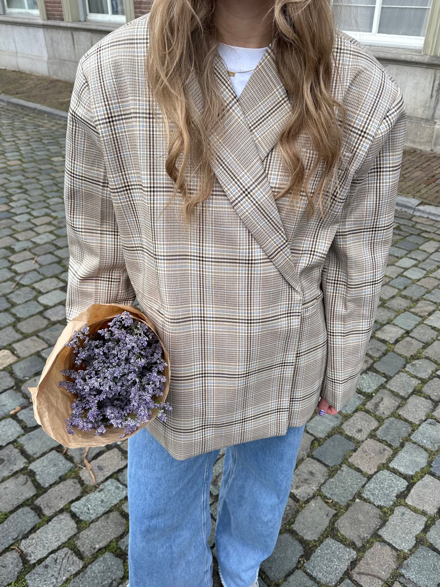 Boxy oversized blazer checkered blue beige