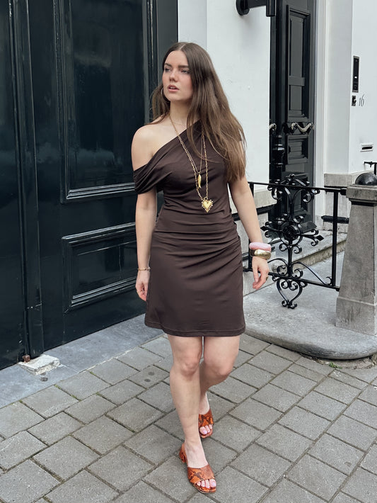 Demi draped dress off shoulder brown