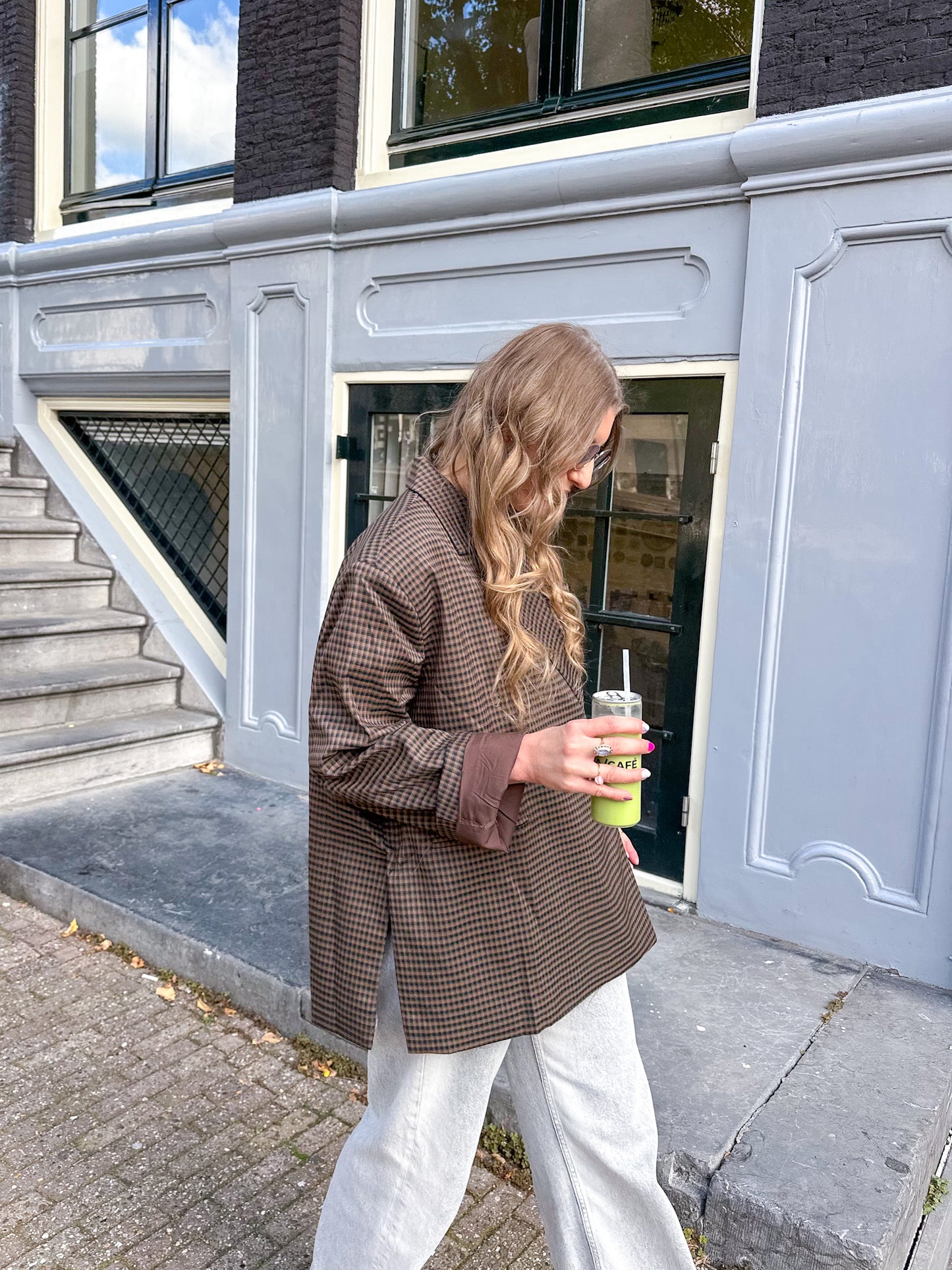 Boxy oversized blazer checkered dark brown