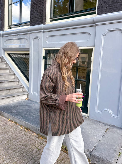 Boxy oversized blazer checkered dark brown