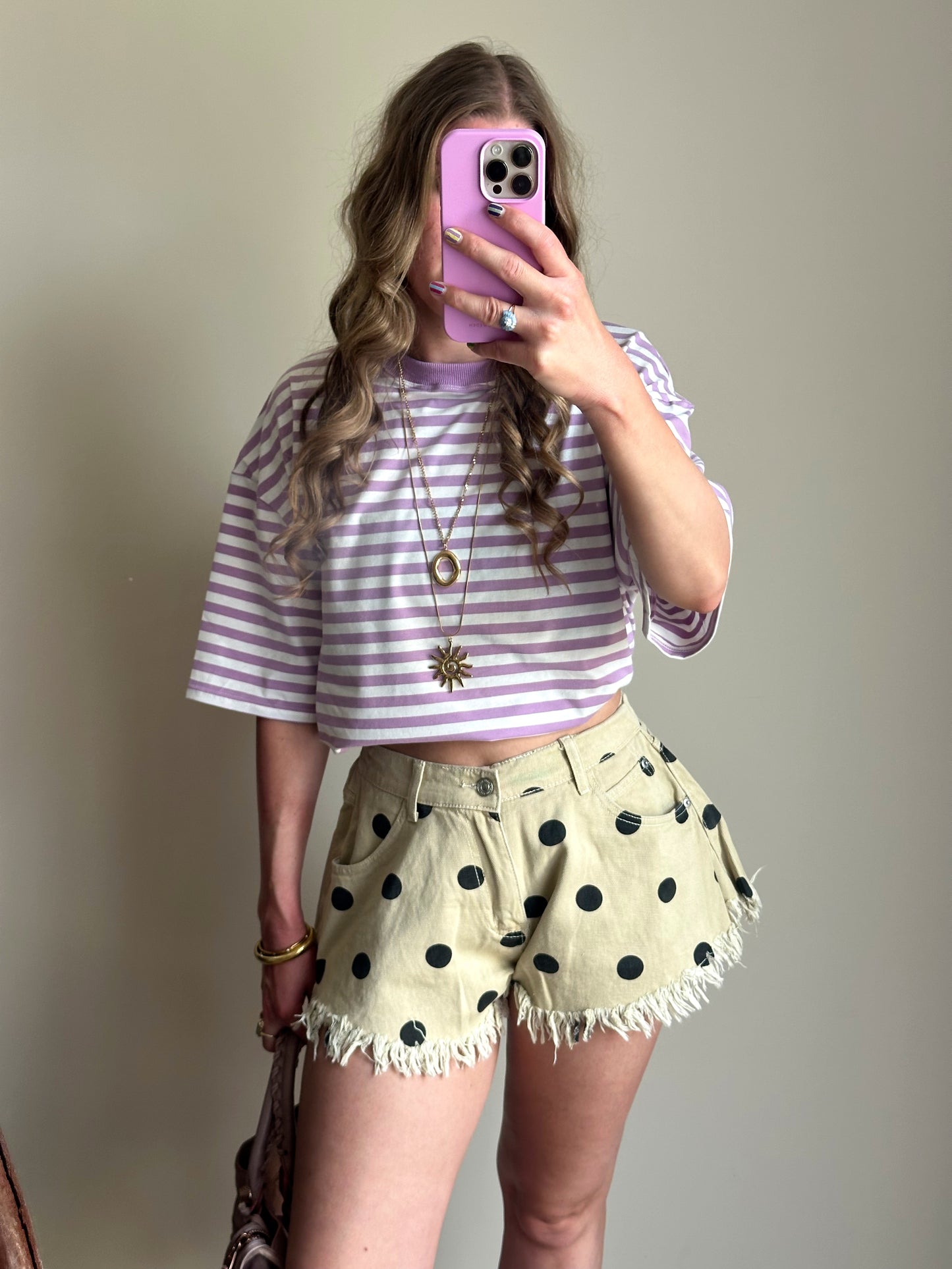 Guusje denim shorts polkadot gerafeld beige