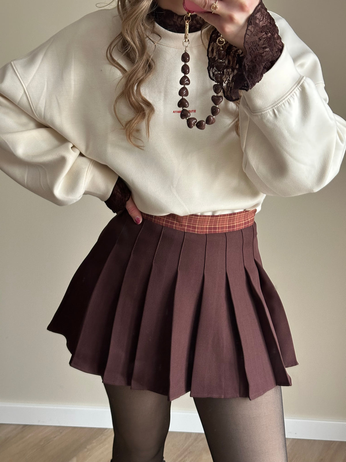 Angela skort bruin met ruit detail