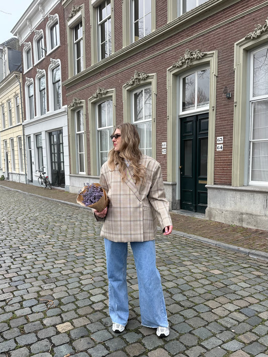 Boxy oversized blazer checkered blue beige