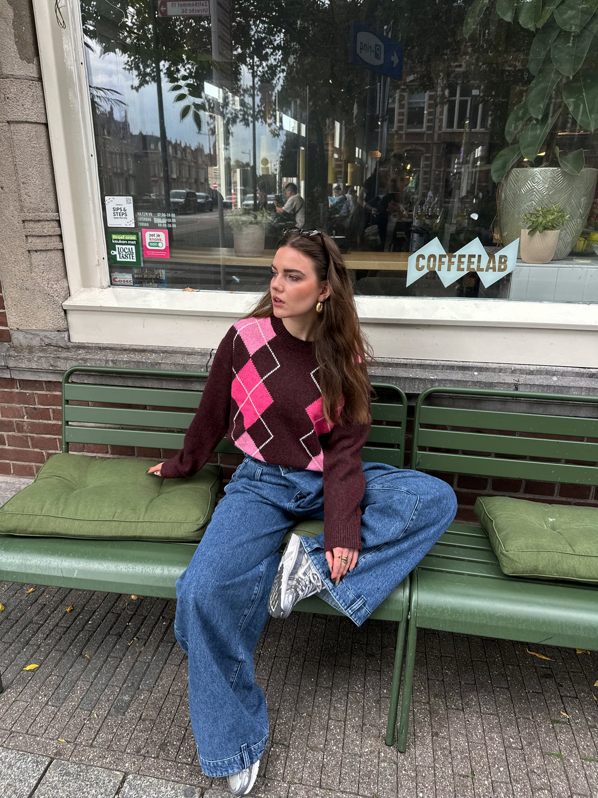 Harvi gebreide geruite trui bordeaux