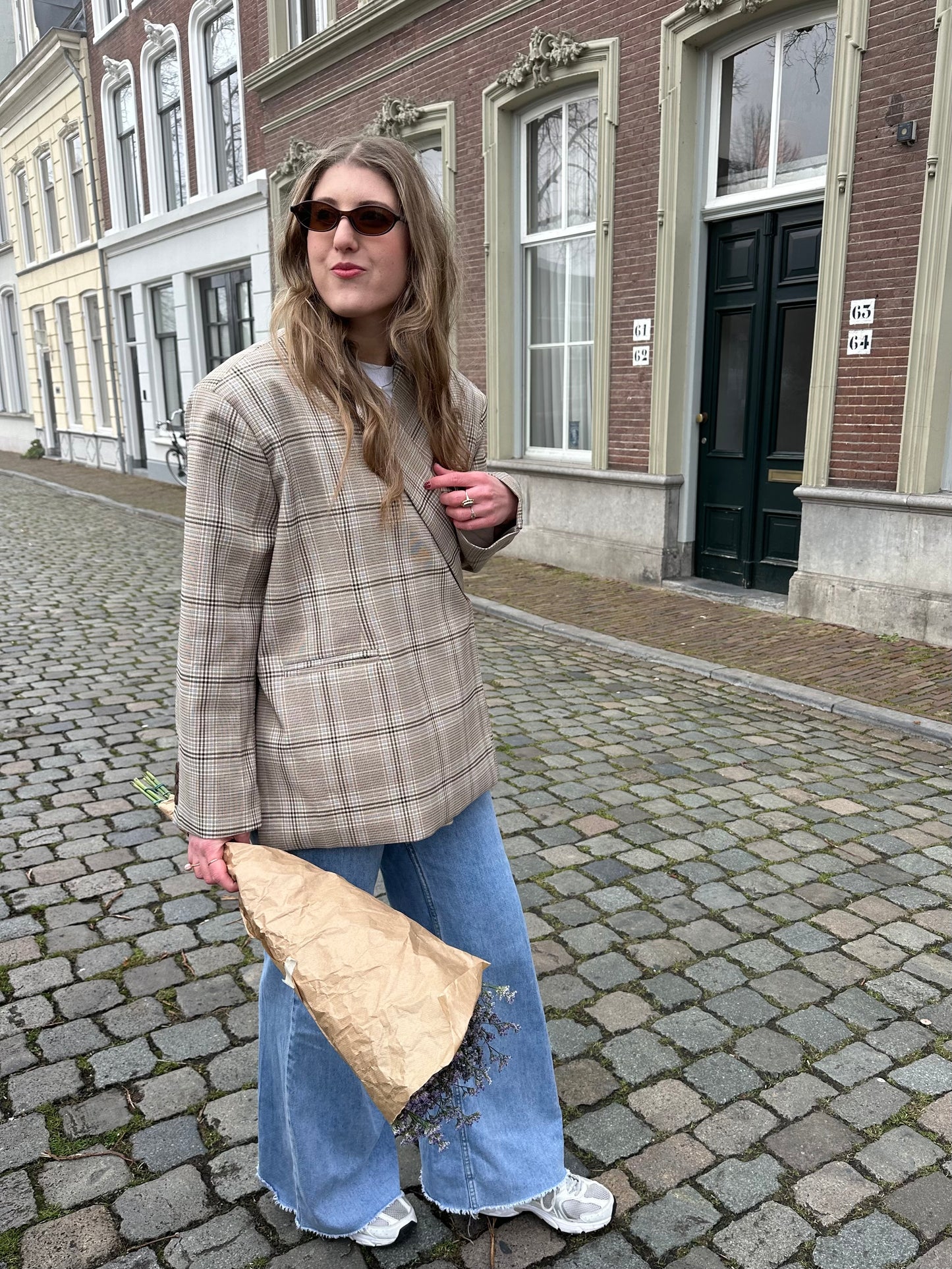 Boxy oversized blazer checkered blue beige