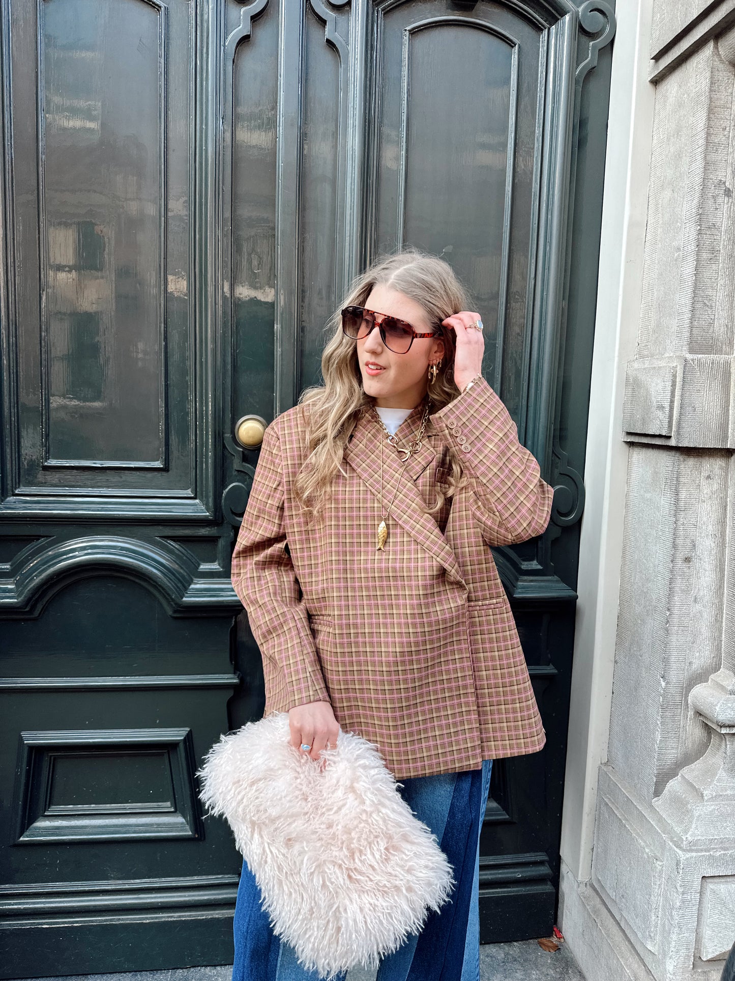 Boxy oversized blazer checkered pink brown