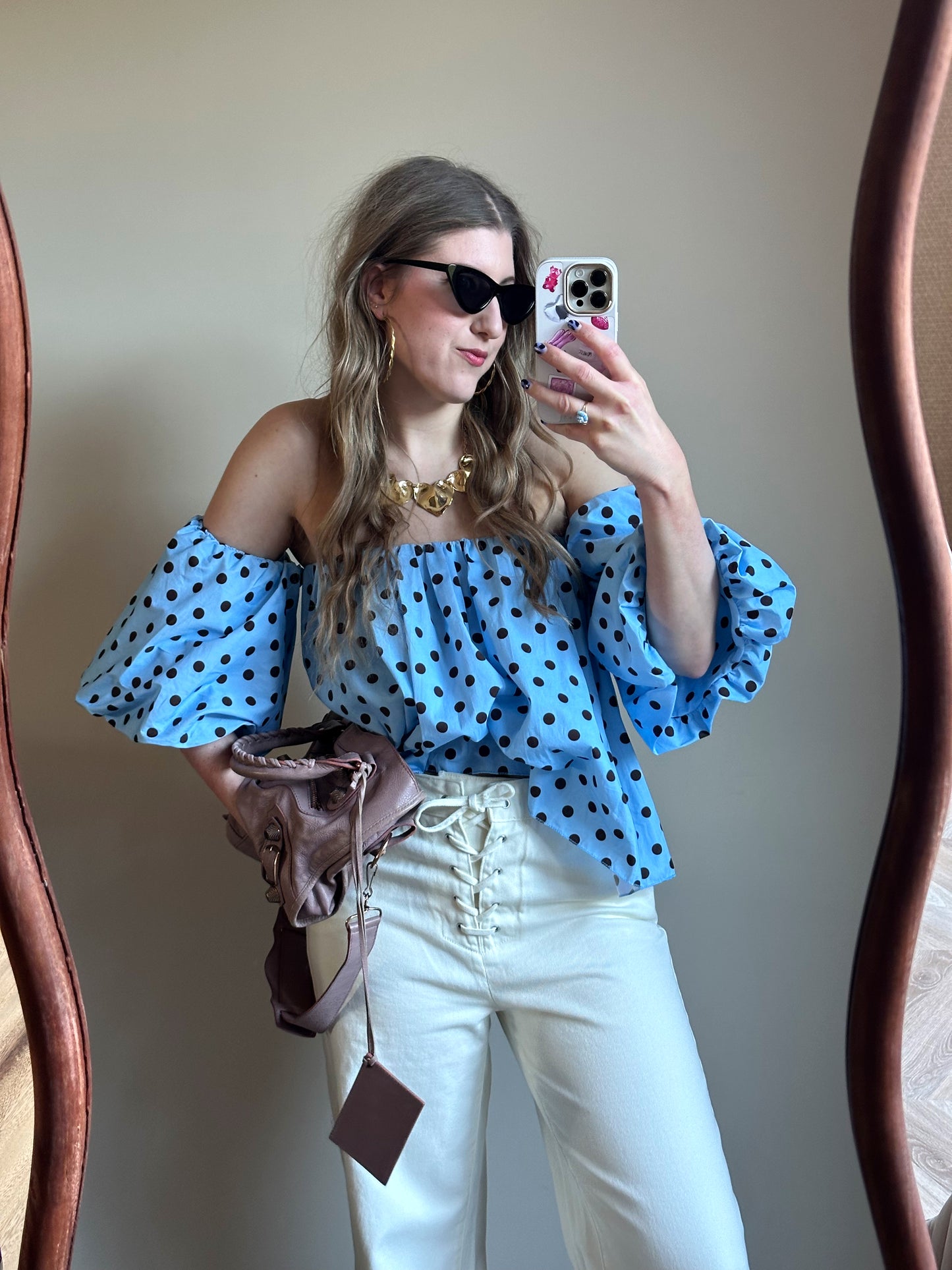 Off shoulder polkadot top blauw