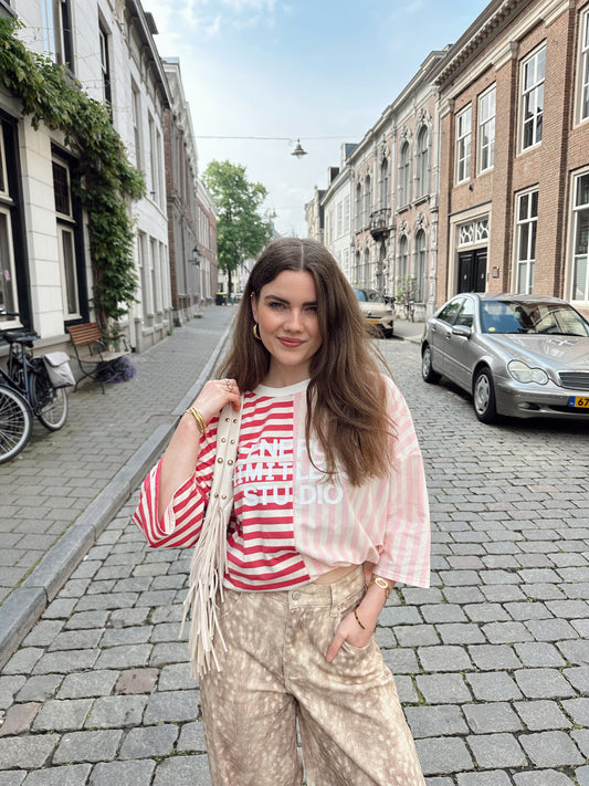 Floor gestreept boxy t-shirt pink
