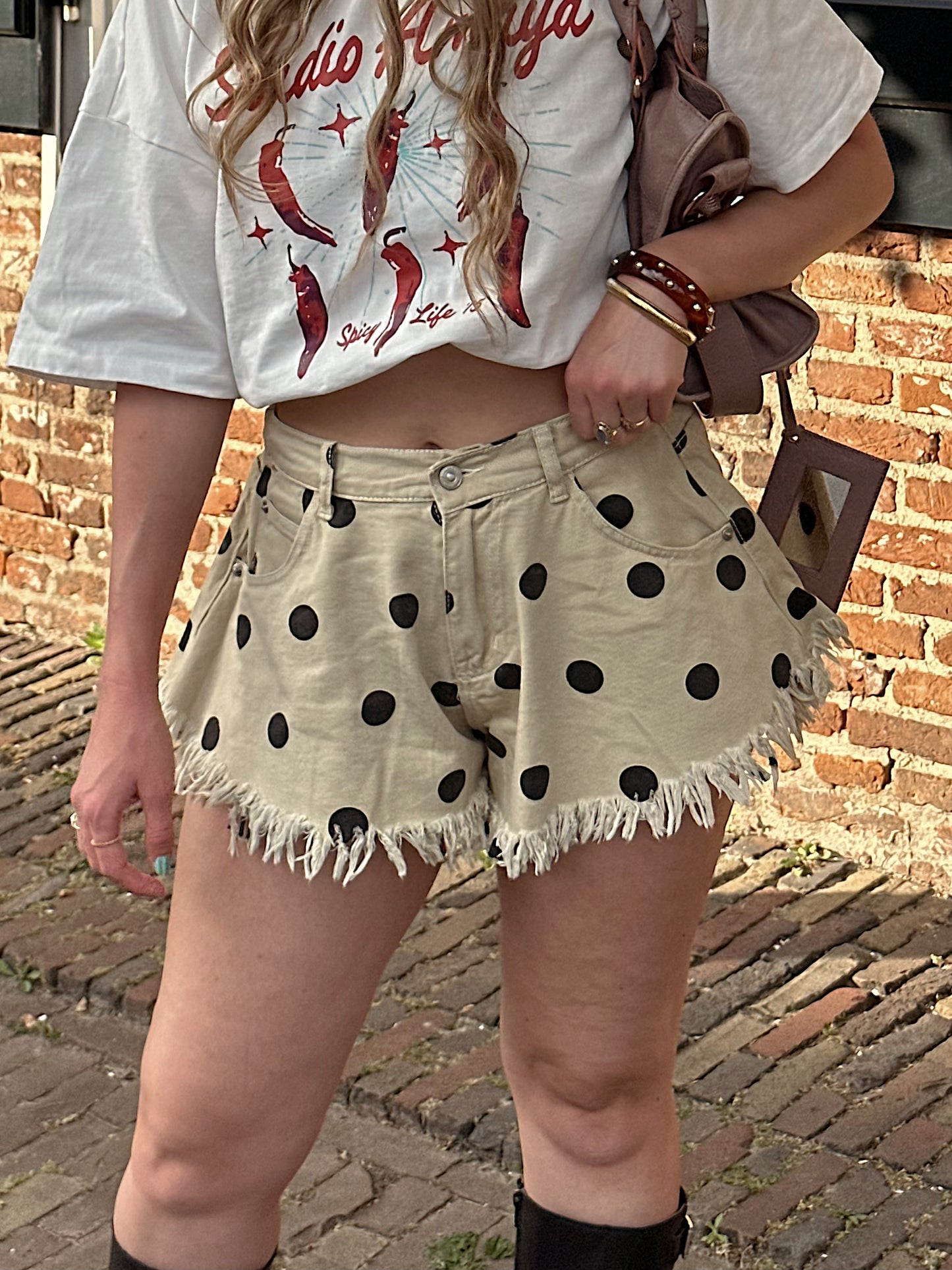 Guusje denim shorts polkadot gerafeld beige