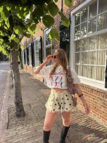 Guusje denim shorts polkadot gerafeld beige
