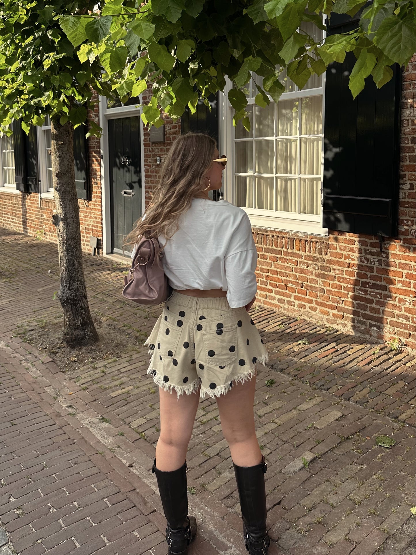 Guusje denim shorts polkadot gerafeld beige