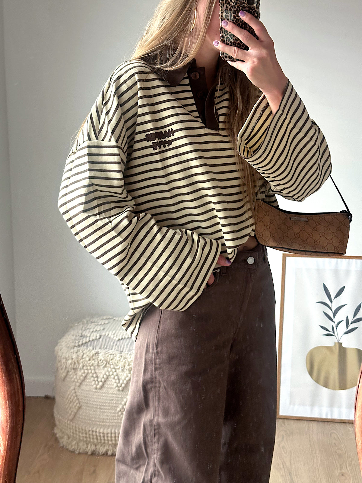 Harper & Yve Pollie gestreepte polo longsleeve brown