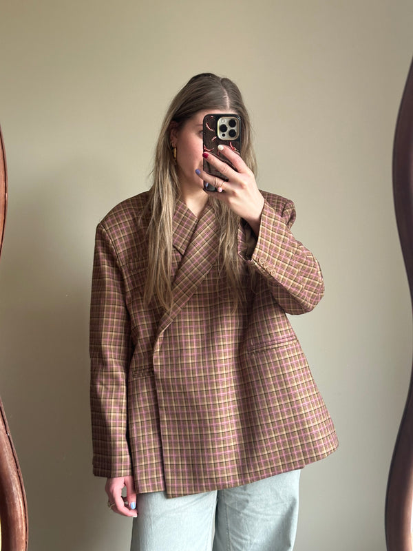 Boxy oversized blazer checkered pink brown