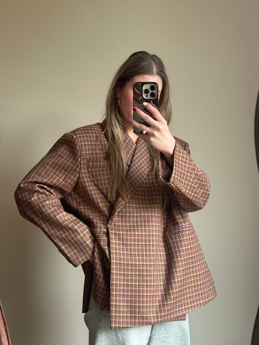 Boxy oversized blazer checkered pink brown