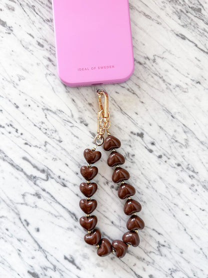 Telefoonkoord met hartjes bruin