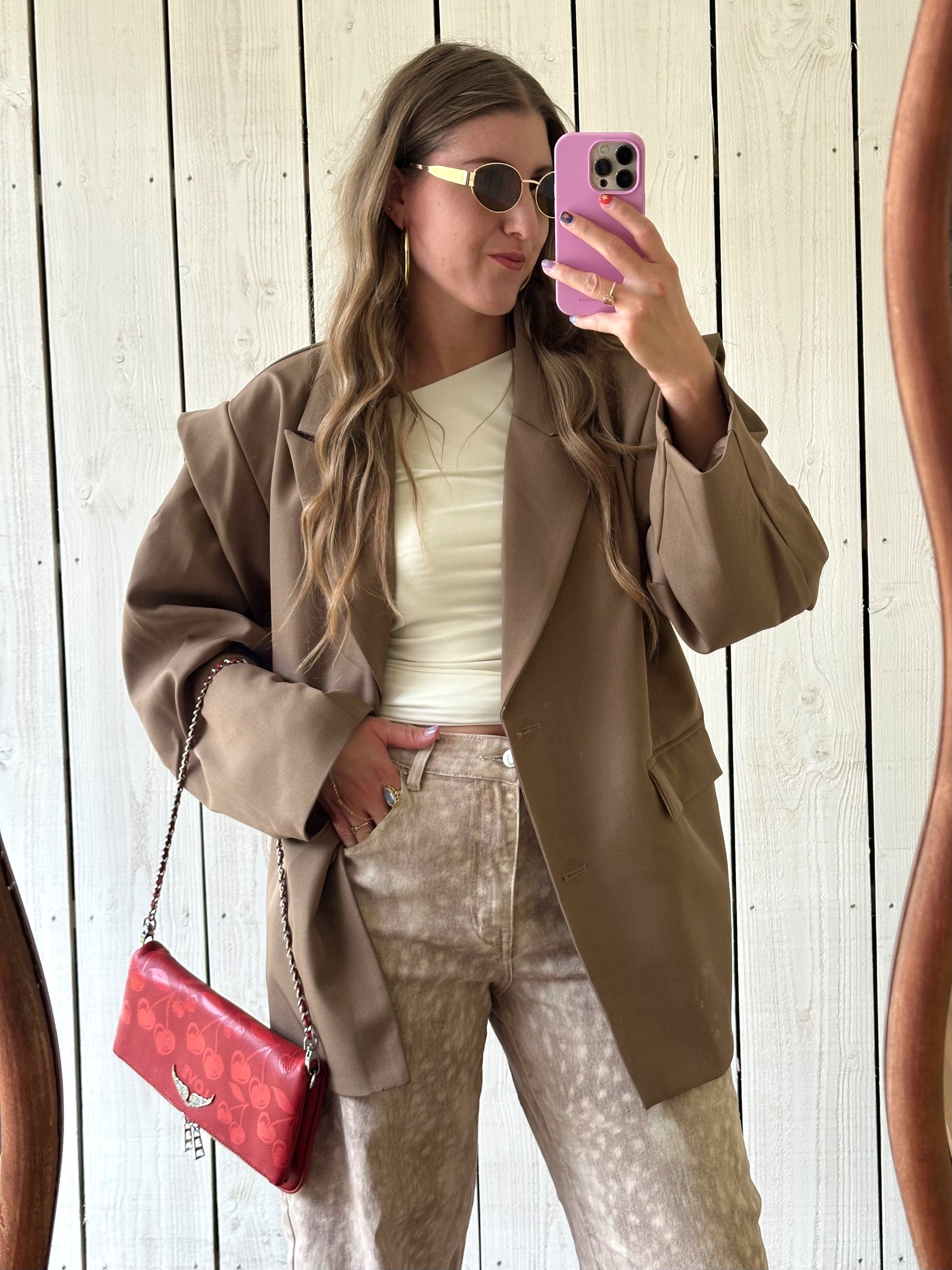 Oversized blazer met ceintuur beige en bambi print jeans