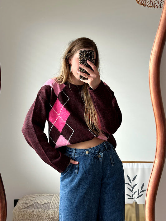 Harvi gebreide geruite trui bordeaux