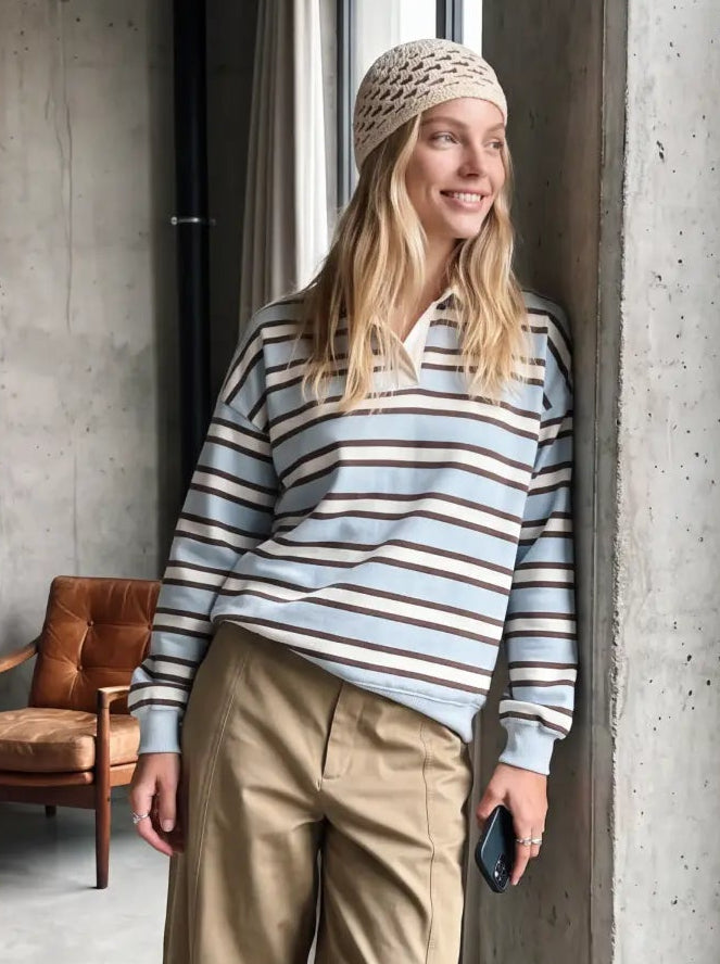 Paloma gestreepte longsleeve polo lichtblauw
