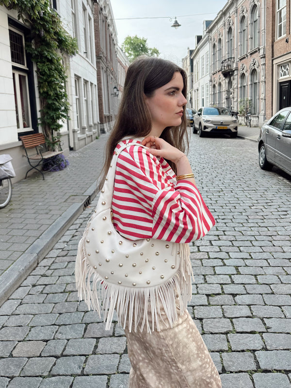 Luna schoudertas met franjes en studs beige