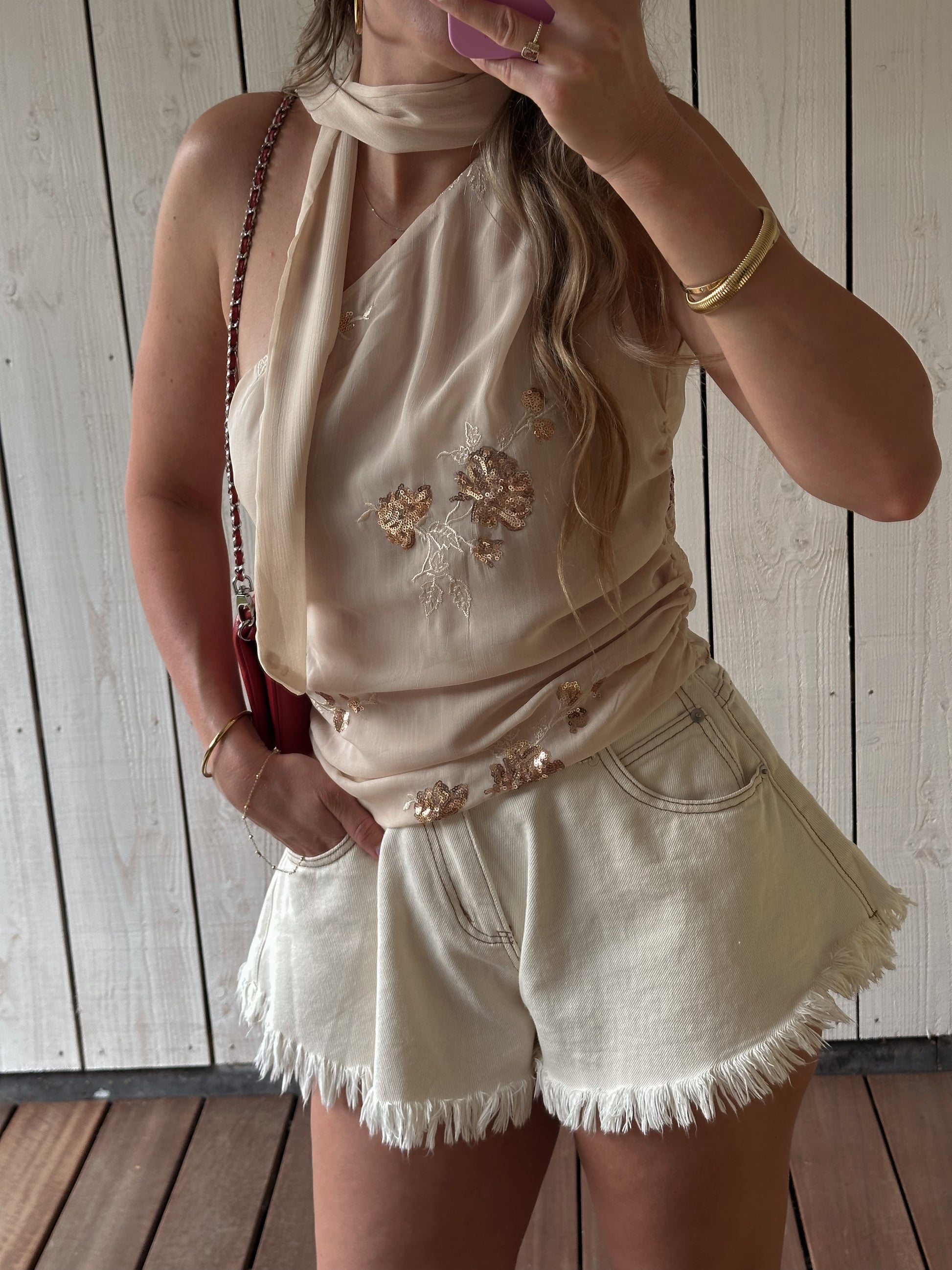 Asymetrische sleeveless scarf top beige