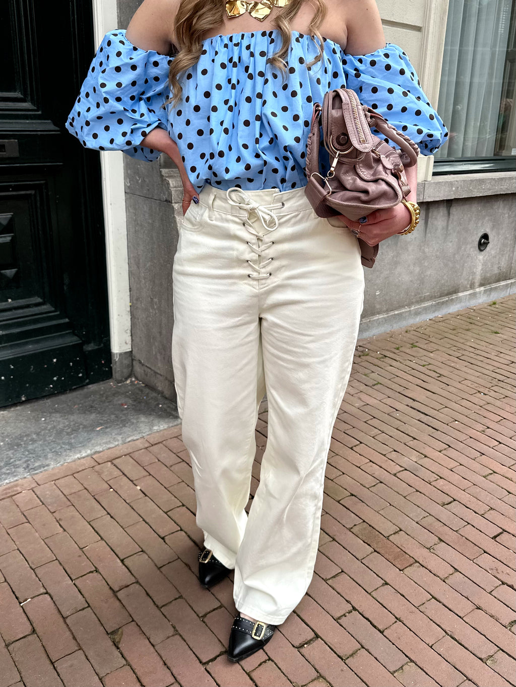 Witte straight leg jeans met veter detail