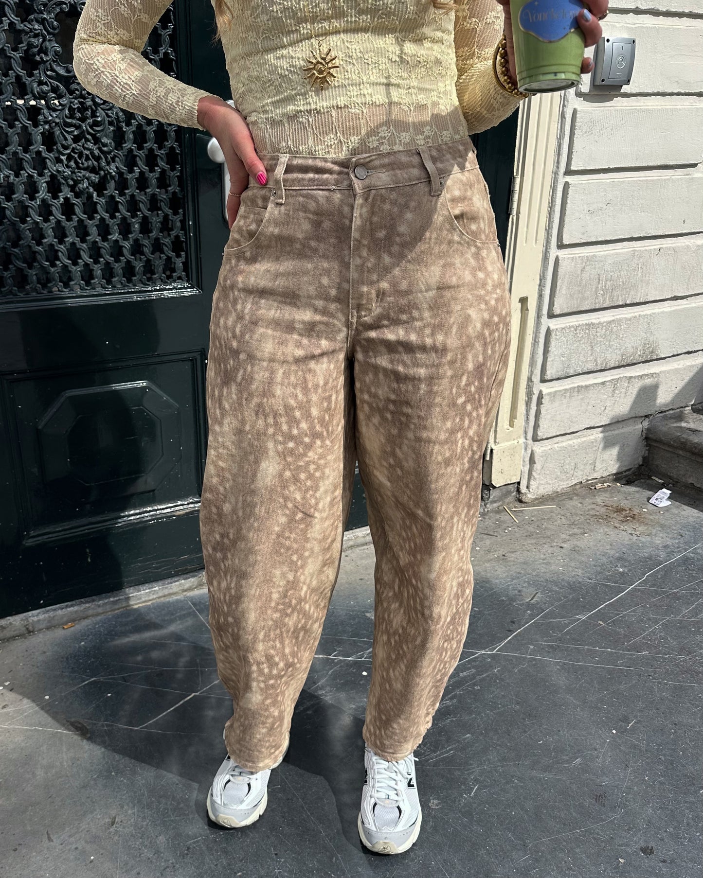 Nora bambi print pants baggy balloon fit beige