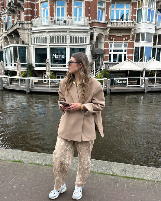 Nora bambi print pants baggy balloon fit beige