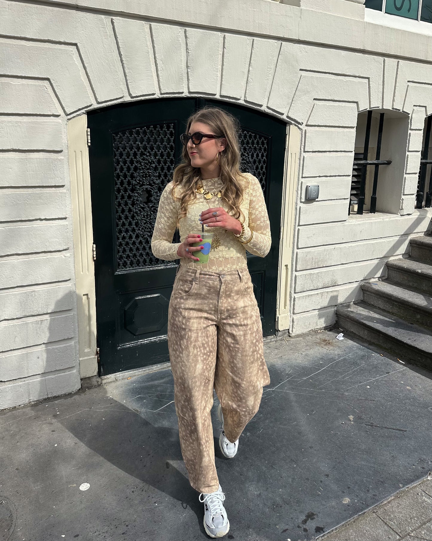Nora bambi print pants baggy balloon fit beige