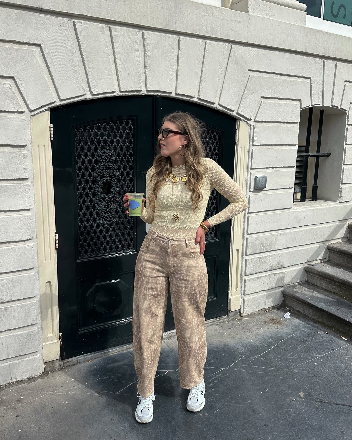Nora bambi print pants baggy balloon fit beige