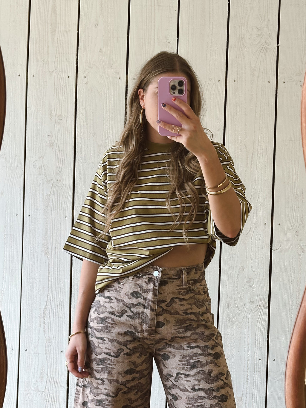 Olivia t-shirt met strepen olijfgroen