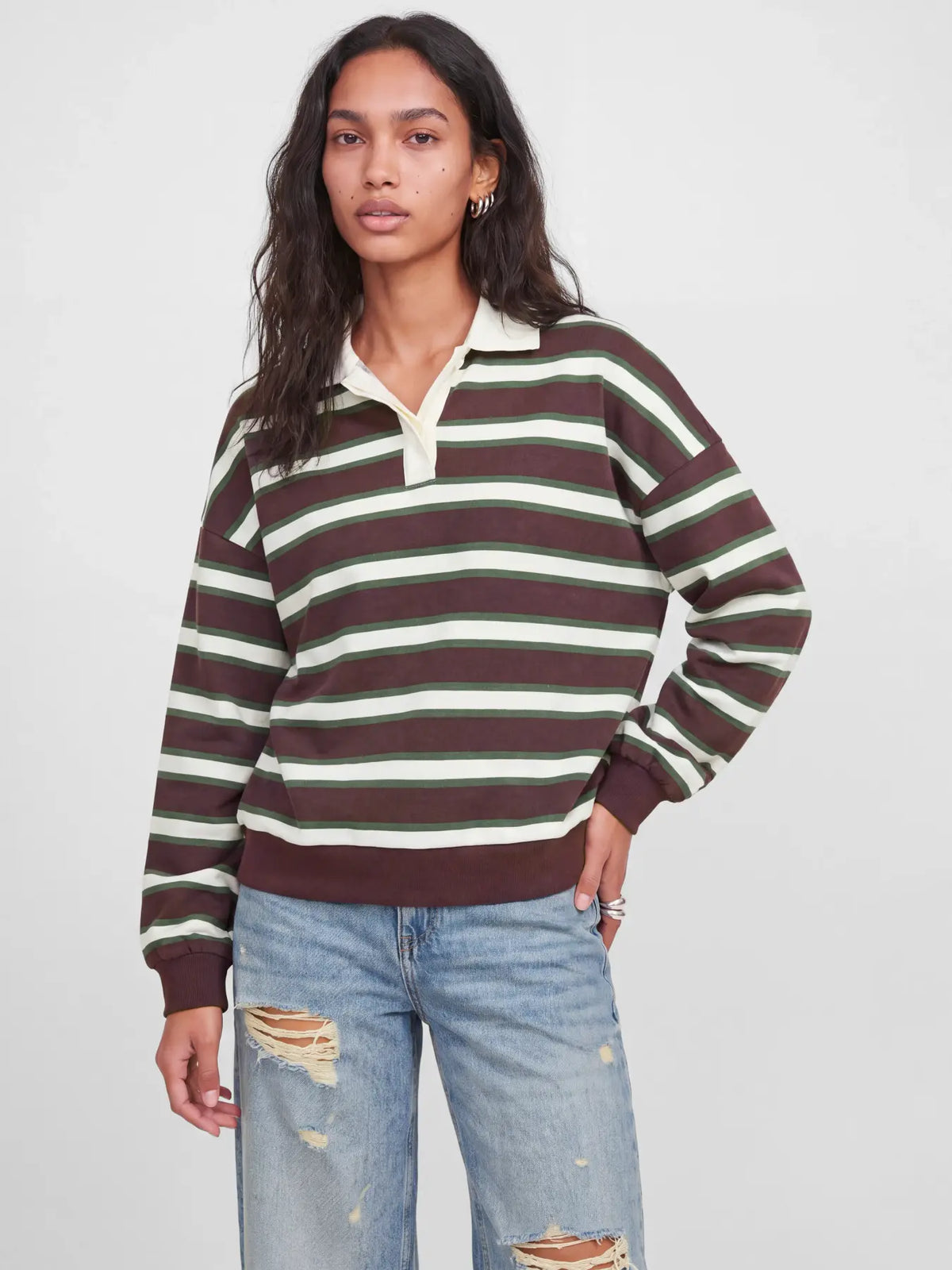 Paloma gestreepte longsleeve polo brown/green
