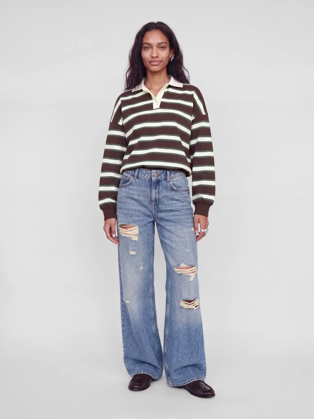 Paloma gestreepte longsleeve polo brown/green