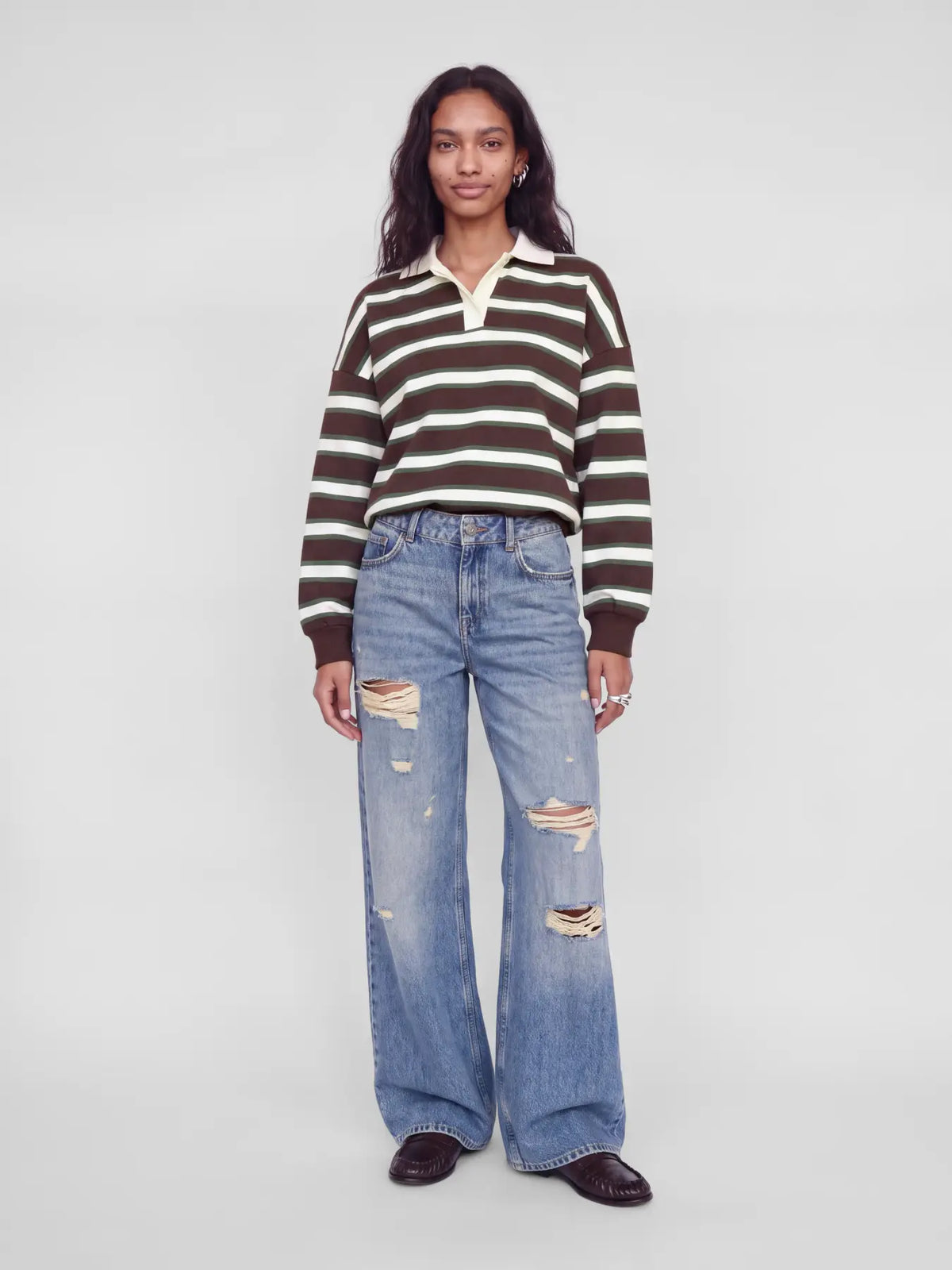 Paloma gestreepte longsleeve polo brown/green