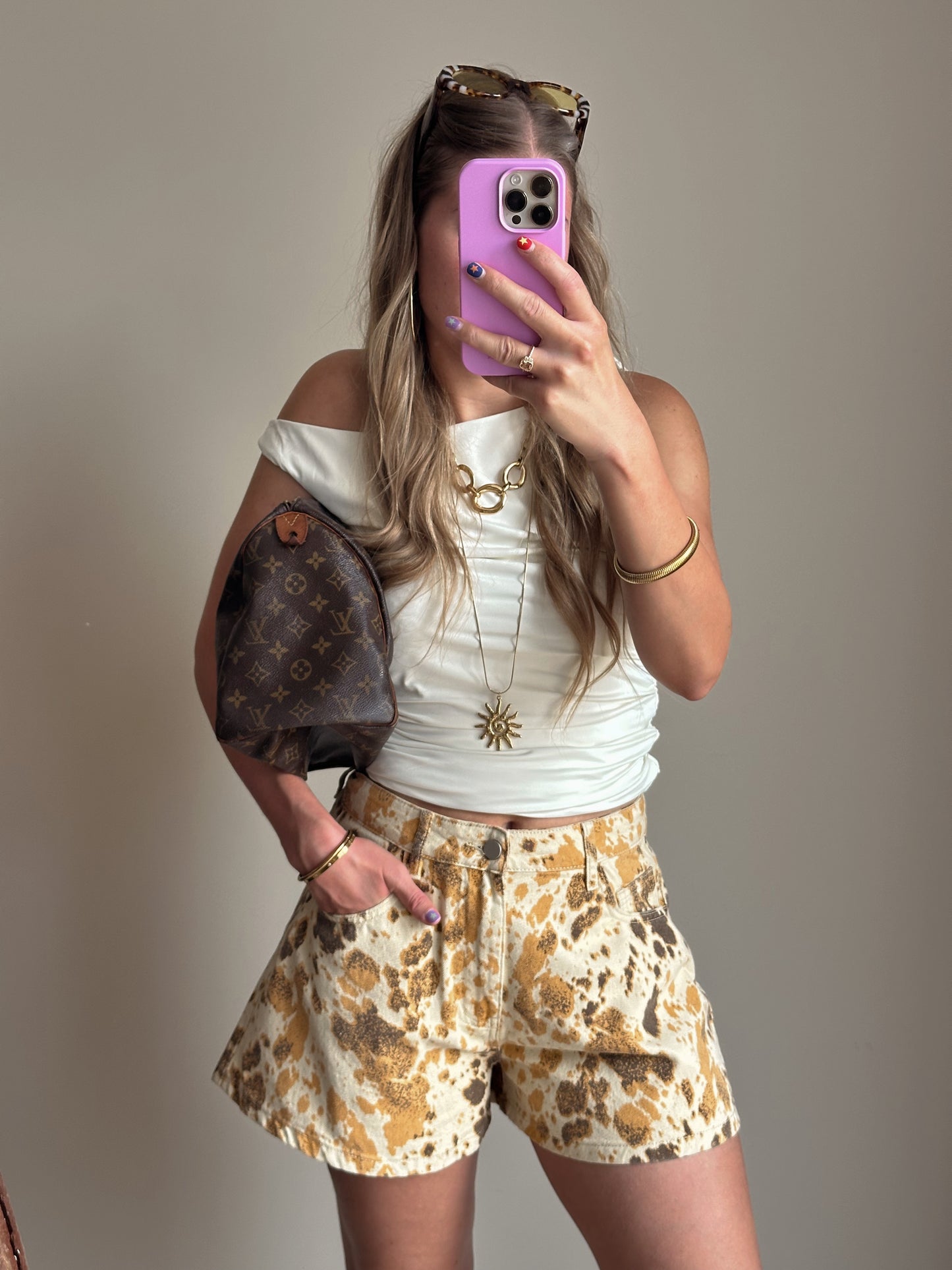 Rachel wijde denim shorts animal print beige